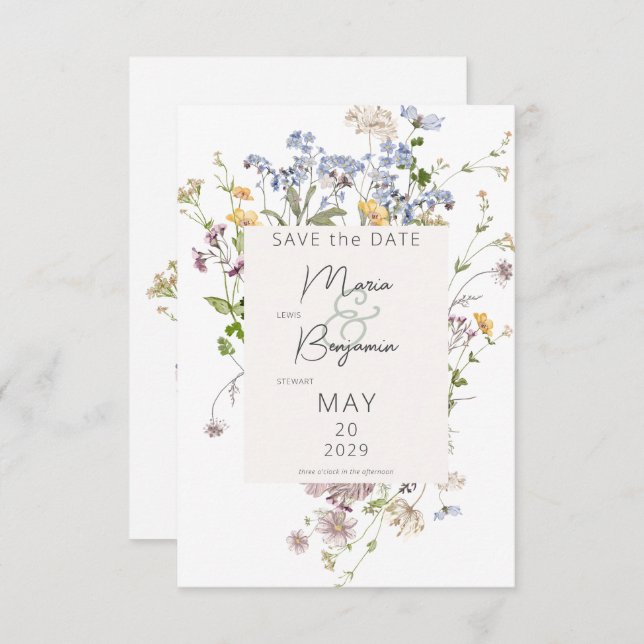 Save The Date Mariage blanc Fleur sauvage Boho Delicate (Devant / Derrière)
