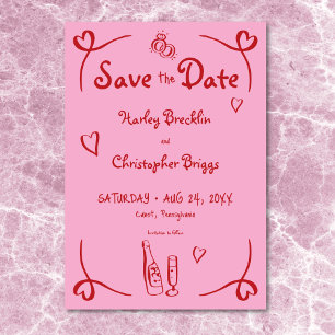 Save The Date Mariage blanc rétro main dessinée rose rouge