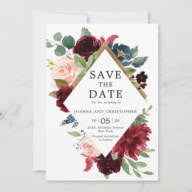 Save The Date Mariage bleu bleu bleu rose rose de la marine de B (Devant)