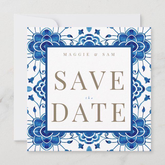 Save The Date Mariage bleu Carré méditerranéen Sauvez la date (Devant)