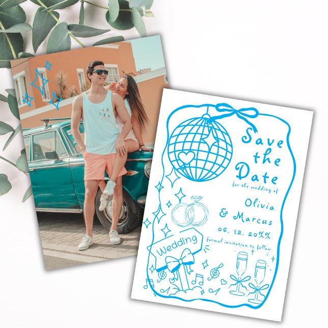 Save The Date Mariage bleu Doodle à main lunaire (Créateur téléchargé)