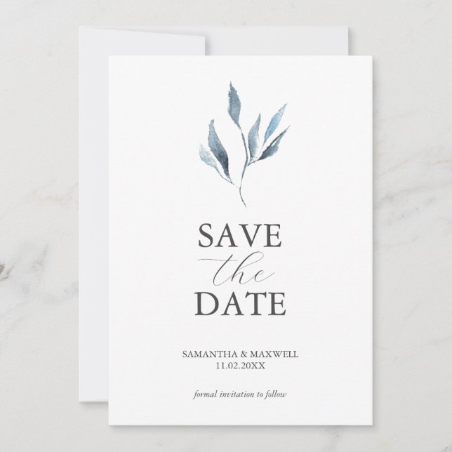 Save The Date Mariage bleu Dusty Annonces Feuilles d'aquarelle (Devant)