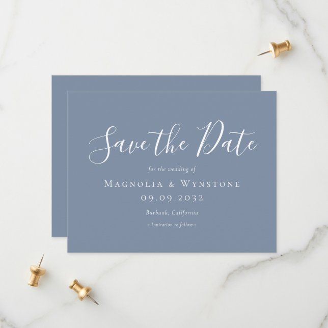 Save The Date Mariage bleu Dusty moderne Enregistrer la date (Devant/Arrière en situation)