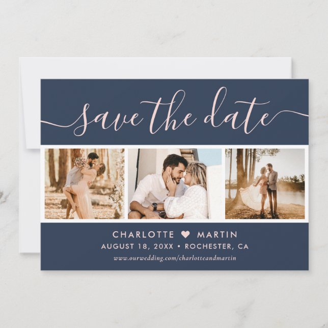 Save The Date Mariage bleu et bleu marine moderne 4 Photo (Devant)