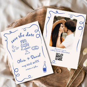 Save The Date Mariage bleu funky fantaisiste dessiné à la main p