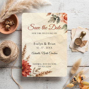 Save The Date Mariage Bohème Automnal Dahlia Terre Cuite Herbe d