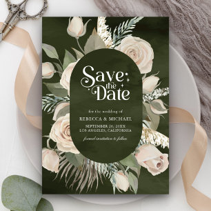 Save The Date Mariage Bohème Champêtre Roses Ivory et Sauge Fonc