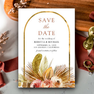 Save The Date Mariage Bohème Doré avec Arche Florale Rustique et