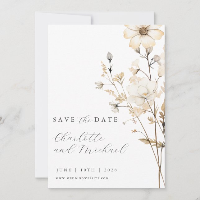Save The Date Mariage Bohème Fleur de Champ | Ivoire  (Devant)