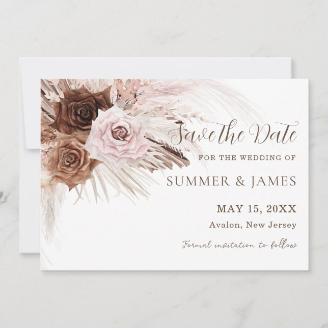 Save The Date Mariage Bohème Fleurs Roses Brun Rose Poussiéreux  (Devant)