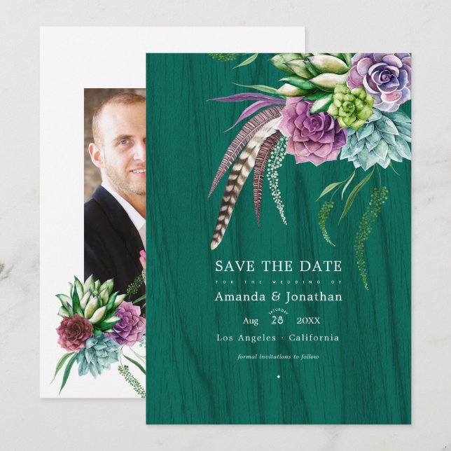 Save The Date Mariage Bohème Mystique Rustique avec Succulentes (Devant / Derrière)