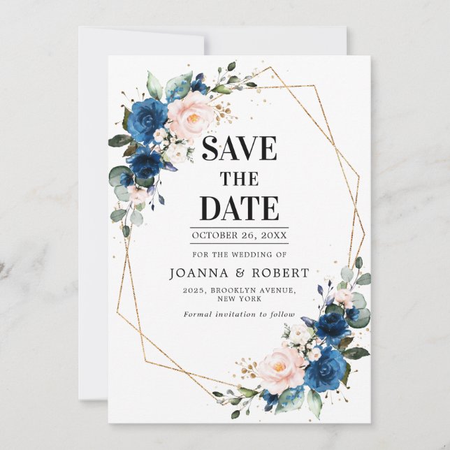 Save The Date Mariage Bohème Rose Rose Foncé Bleu Marine (Devant)