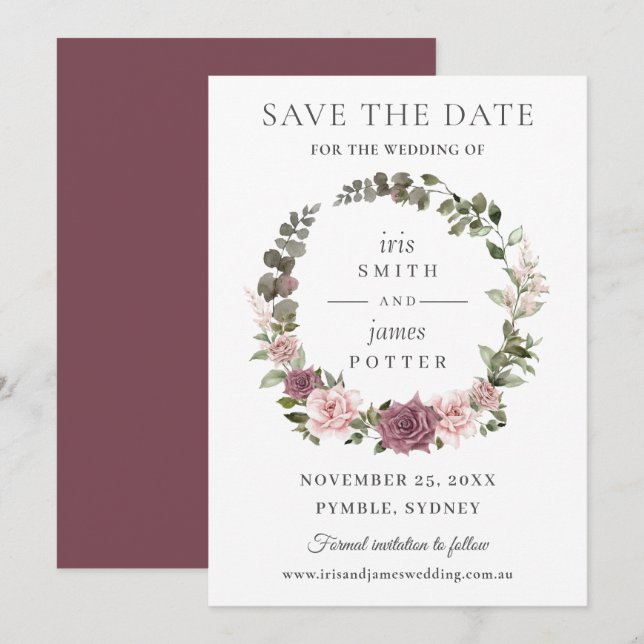 Save The Date Mariage Bohème Rouge Cendré Rose Florale et Verdur (Devant / Derrière)