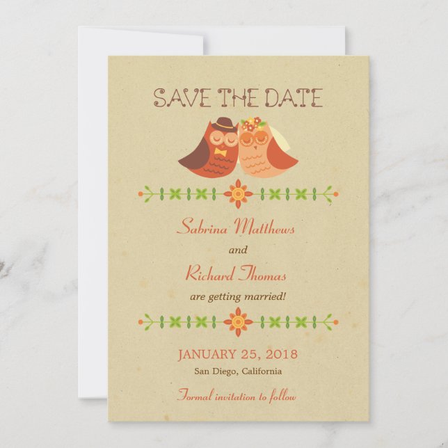 Save The Date Mariage Bohème Rustique Couple de Tourterelles Hib (Devant)