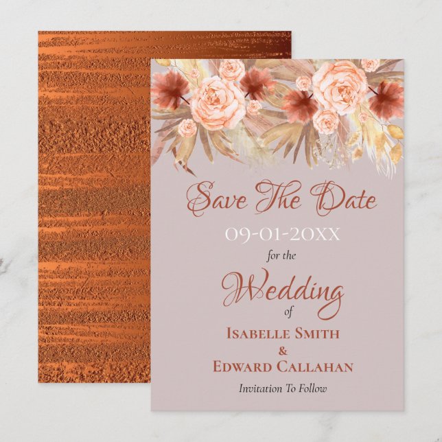 Save The Date Mariage Bohème Rustique Herbe de Pampa & Cuivre (Devant / Derrière)