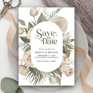 Save The Date Mariage Bohème Rustique Roses Ivoire Vert Sauge