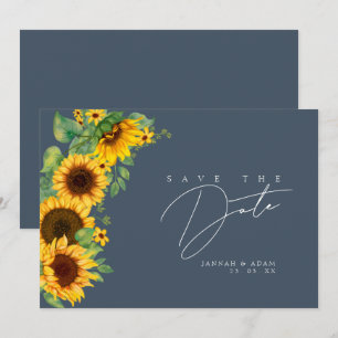 Save The Date Mariage Bohème Tournesol Monogramme Bleu Ardoise