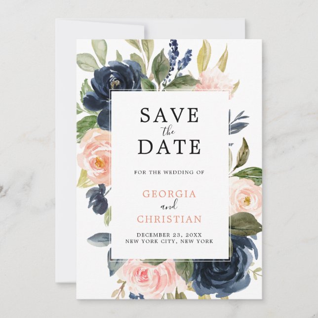 Save The Date Mariage Boho bleu bleu bleu rose bleu marine (Devant)