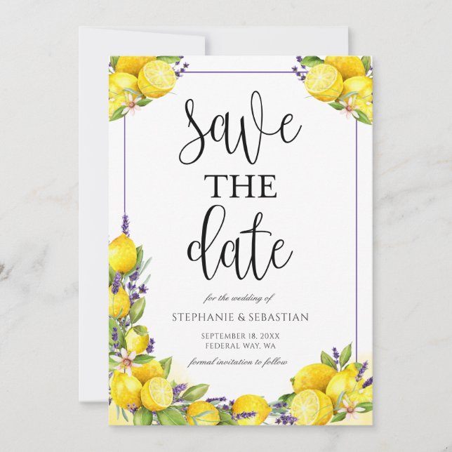 Save The Date Mariage Boho de lavande de citron d'aquarelle (Devant)