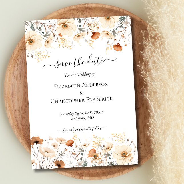 Save The Date Mariage Boho en Fleur sauvage QR Code de Terracott (Boho Wildflowers in Beige Terracotta Rust Wedding Save the Date card)