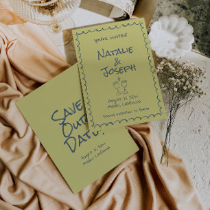 Save The Date Mariage Boho funky bleu dessiné à main rétro