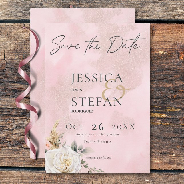 Save The Date Mariage Boho Pampas & Roses Rose (Boho Pampas & Pink Roses Wedding Save The Date)