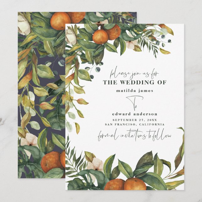 Save The Date Mariage botanique aquarelle citrus orange (Devant / Derrière)