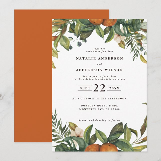Save The Date Mariage botanique aquarelle citrus orange (Devant / Derrière)