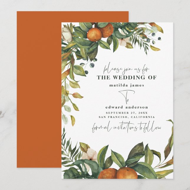 Save The Date Mariage botanique aquarelle citrus orange (Devant / Derrière)