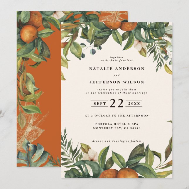 Save The Date Mariage botanique aquarelle orange citrus (Devant / Derrière)