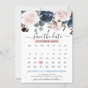 Save The Date Mariage botanique bleu pâle rose rose
