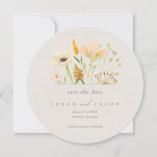 Save The Date Mariage botanique de fleurs sauvages simples  (Devant)