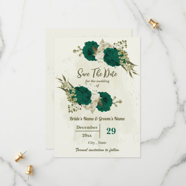 Save The Date mariage botanique des fleurs beiges vert émeraude (Devant/Arrière en situation)