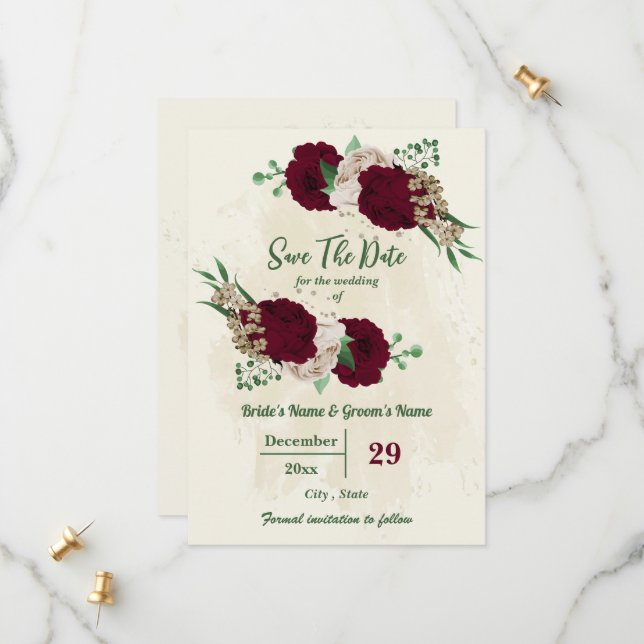 Save The Date Mariage botanique des fleurs de champagne de Bourg (Devant/Arrière en situation)