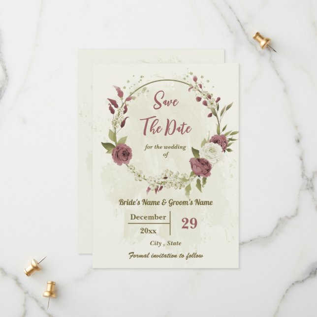 Save The Date Mariage botanique Dusty rose & fleurs blanches (Devant/Arrière en situation)