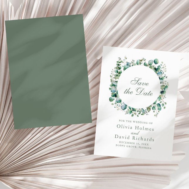 Save The Date Mariage Botanique Eucalyptus à la Végétation Moder (Modern Greenery Eucalyptus Botanical Wedding Save The Date on a sunny neutral dry palm leaf.)
