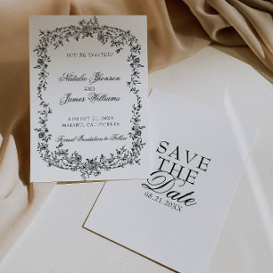 Save The Date Mariage botanique floral noir et blanc élégant