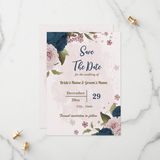 Save The Date mariage botanique rose et bleu marine (Devant/Arrière en situation)