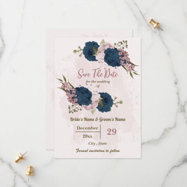 Save The Date mariage botanique rose et bleu marine (Devant/Arrière en situation)