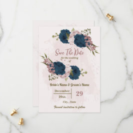 Save The Date mariage botanique rose et bleu marine