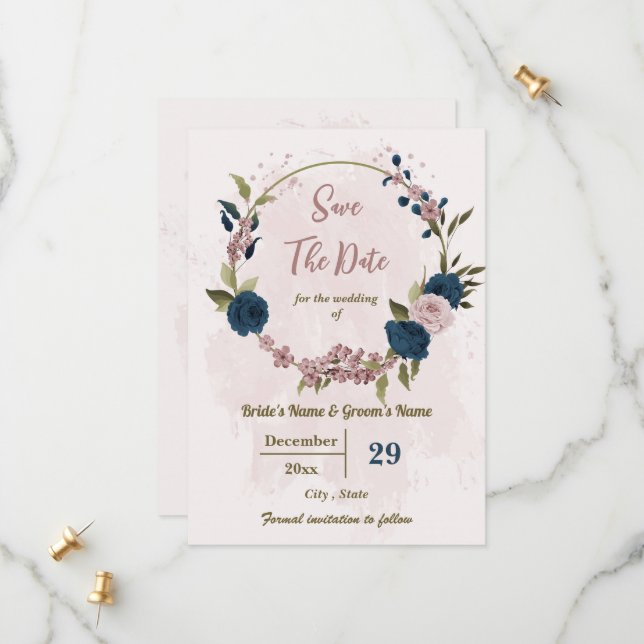 Save The Date mariage botanique rose et bleu marine (Devant/Arrière en situation)