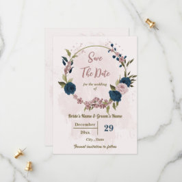 Save The Date mariage botanique rose et bleu marine
