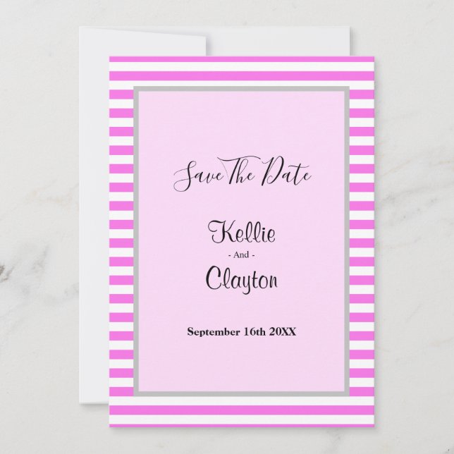 Save The Date Mariage Cadre à Rayures Rose/Blanc (Devant)