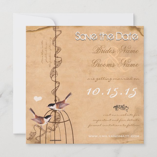 Save The Date Mariage Cage à Oiseaux en Damas Photo Rustique Pêc (Devant)
