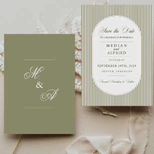 Save The Date Mariage Calligraphié avec Rayure Vert Olive