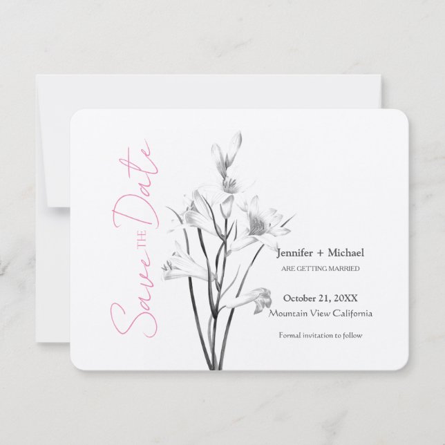 Save The Date Mariage Calligraphie Florale Noir Blanc (Devant)
