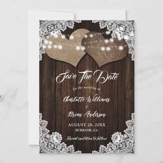 Save The Date Mariage campagnard de dentelle fleurie de coeur de (Devant)