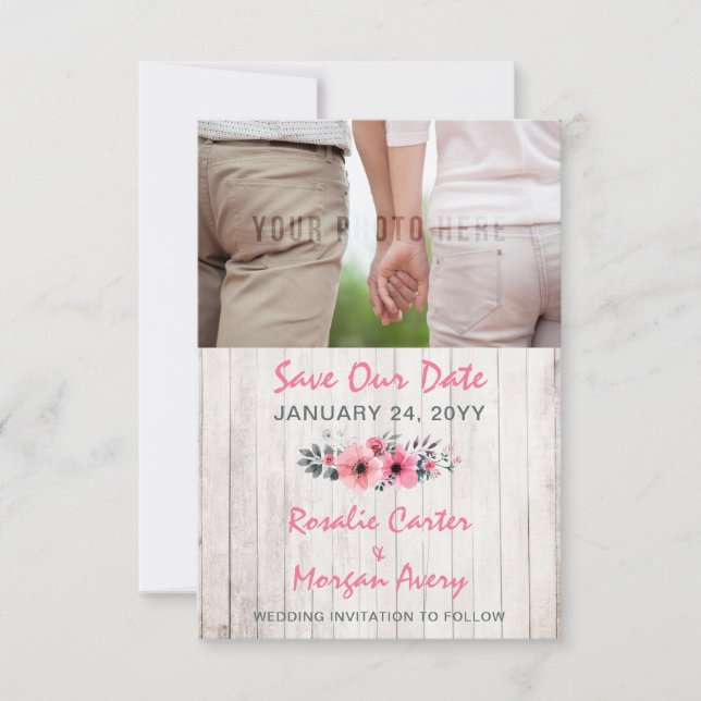 Save The Date Mariage campagnard Floral En Bois Rustique Enregis (Devant)