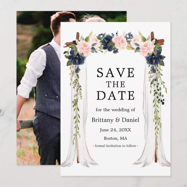 Save The Date Mariage Canopée Photo Rose Dusty Blue Floral (Devant / Derrière)