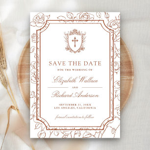 Save The Date Mariage catholique blanc victorien et terracotta